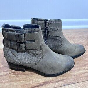 Sorel Lolla Ankle Boots Taupe Khaki Strappy Size 7 Leather Burnish Alpine Tundra